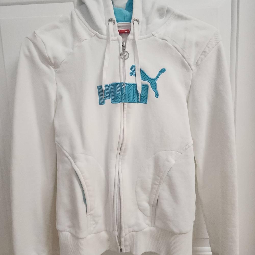 PUMA Women's White and Blue Hoodie Jacket Size XS